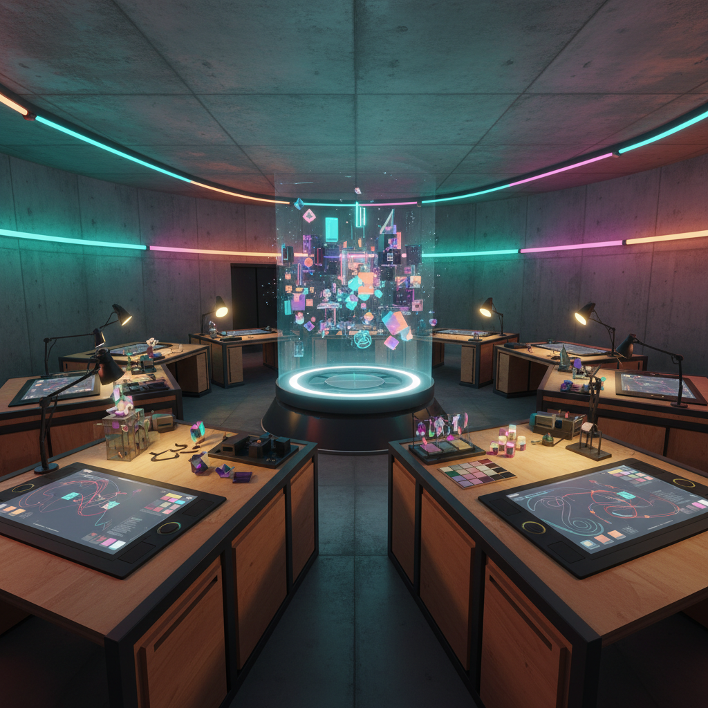 A futuristic yet cozy “creativity control room” inside an art bunker, featuring a semicircle of chunky, modular workstations made from plywood and metal, each surface covered with digital drawing tablets, color swatch decks, and tiny sculptural prototypes. A central holographic-style display projects a floating, abstract city made of glowing geometric shapes symbolizing community growth. Ambient LED strips wash the concrete ceiling and walls in gradients of teal, magenta, and amber. Spotlights create pools of light on key surfaces, with soft reflections bouncing off metallic details. Viewed from a low, slightly tilted angle for a dynamic, cinematic feel, the composition emphasizes depth and movement. The digital-art style is sleek, colorful, and stylized, creating an atmosphere of imaginative possibility, playful experimentation, and collective future-building.