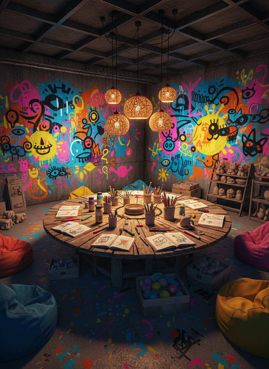 A cozy, underground art bunker imagined as a playful sanctuary for creativity, with concrete walls covered in vibrant, layered murals, hand-drawn symbols, and overlapping paint splatters in neon blues, magentas, and sunny yellows. In the center, a large, low, circular table made from reclaimed wood is scattered with sketchbooks, colorful markers, paint tubes, and clay tools. Soft, warm pendant lights hang from exposed beams, casting a gentle glow and long, inviting shadows. The scene is viewed at eye level with a slight wide-angle perspective, sharp focus throughout, evoking a sense of belonging and discovery. The digital-art style is bold, saturated, and slightly stylized, giving the space an imaginative, welcoming, community-driven atmosphere.