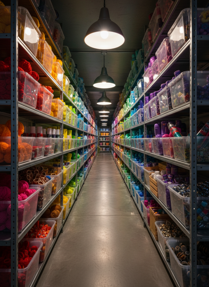 A playful “art supply bunker” storage room transformed into an installation, where transparent bins and open crates overflow with vividly colored yarn, spray paint cans, chunky chalk, patterned papers, and quirky found objects like gears, bottle caps, and fabric offcuts. The supplies are arranged in color gradients along sturdy metal shelving, forming a rainbow tunnel that recedes into the distance. Overhead industrial fixtures emit soft, warm light, creating gentle shadows and subtle gleams on plastic and metal surfaces. The viewpoint is a centered, slightly low eye-level perspective, drawing the viewer down the aisle. Rendered in a crisp, high-detail digital-art style, the mood is exuberant and playful, suggesting abundance, accessibility, and the joy of endless creative possibilities.