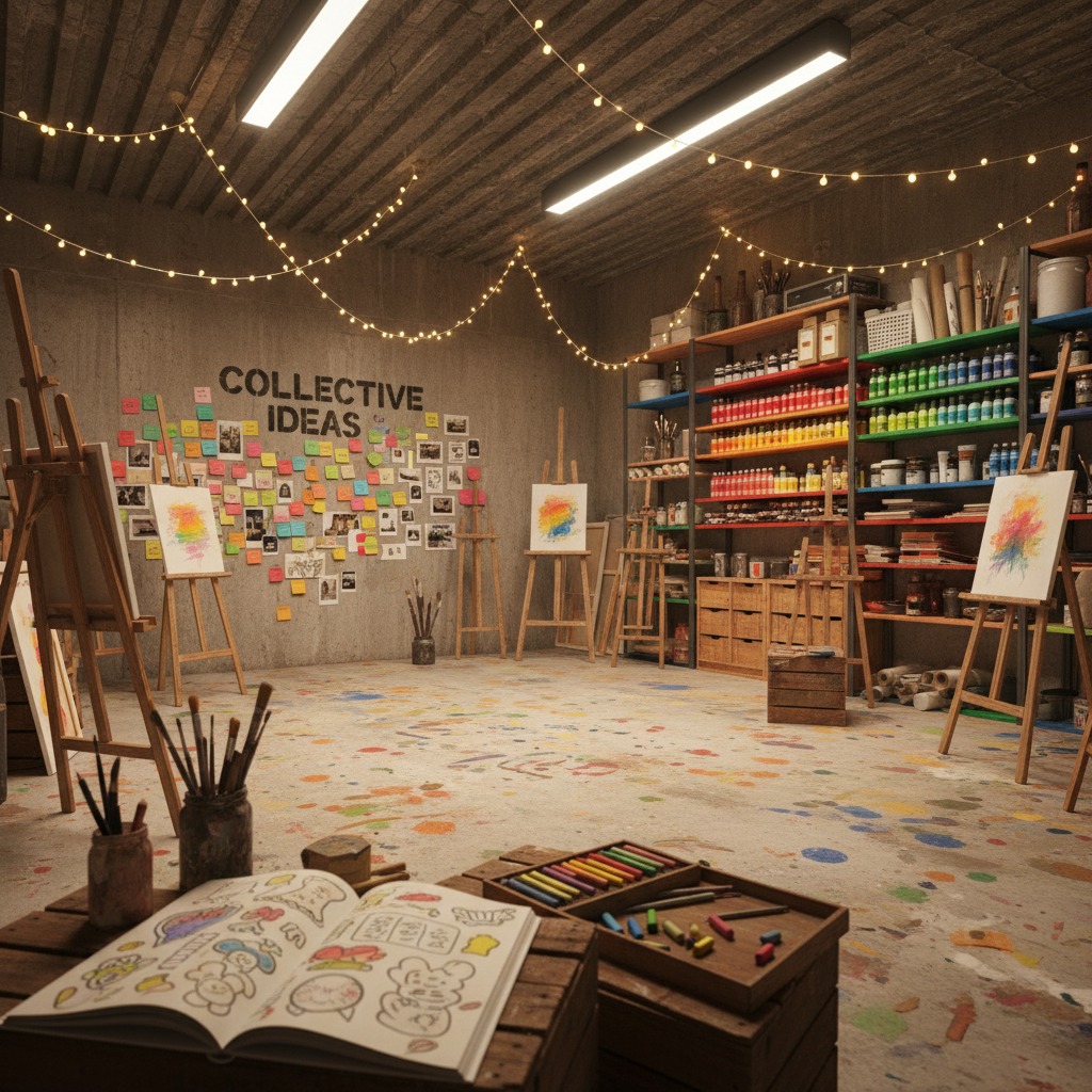 An inviting, whimsical art club workspace inside a transformed storage bunker, featuring mismatched easels, modular shelves stacked with rainbow-ordered paints, and a central wall labeled “Collective Ideas” filled with sticky notes, sketches, and mini collages. The concrete floor is speckled with dried paint drips forming accidental patterns. Soft overhead track lighting and a string of fairy lights create a warm, diffused illumination, highlighting textures and colors without harsh shadows. Captured from a slightly elevated angle with a gentle depth of field, the foreground shows an open sketchbook and pastel set in crisp detail, while background elements blur slightly. The overall digital-art aesthetic is playful, colorful, and modern, conveying an atmosphere of shared experimentation, openness, and positive creative energy.