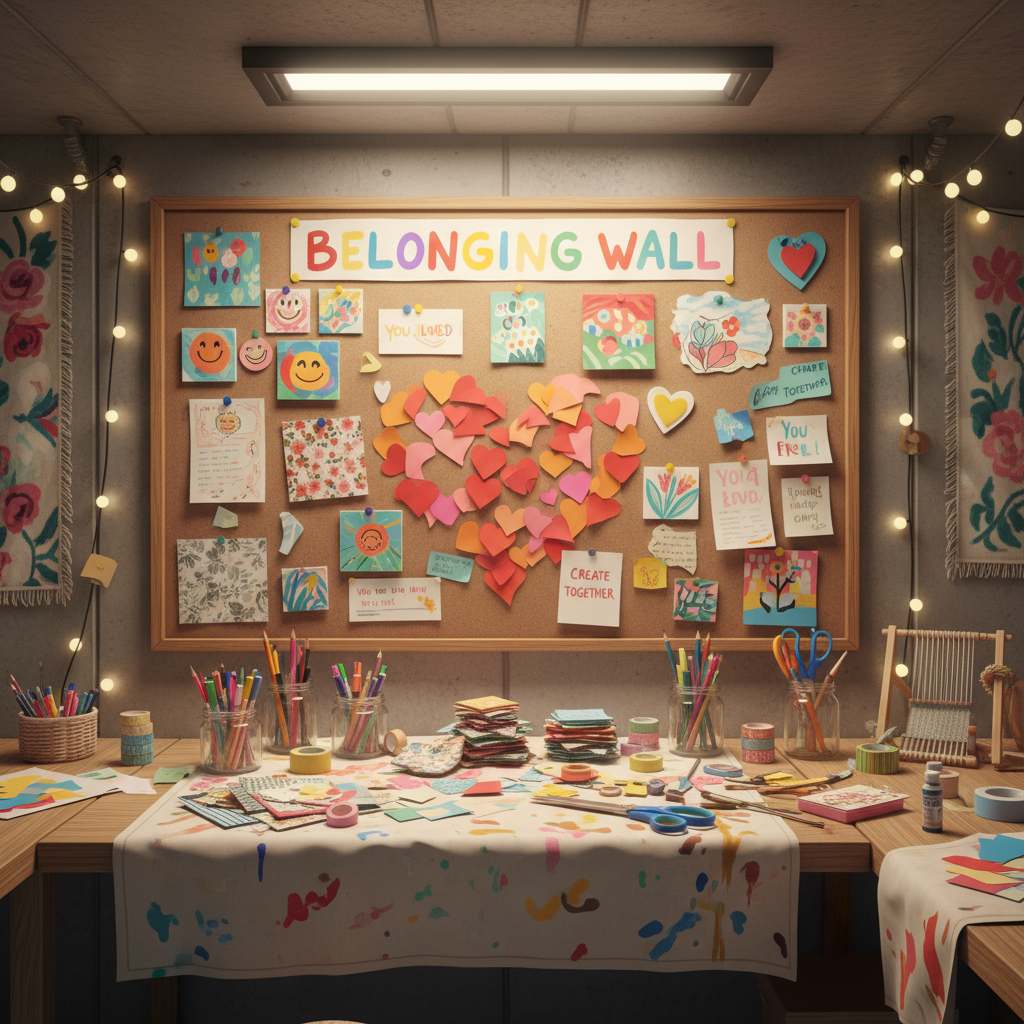 A collaborative art-making corner in a bunker-style room, centered on a large corkboard labeled “Belonging Wall” in hand-painted lettering, covered with pinned mini-paintings, fabric swatches, scribbled affirmations, and cut-out shapes forming a loose heart motif. Below, a wide table holds jars of colored pencils, fabric scraps, washi tape rolls, and scissors resting on a paint-splattered canvas drop cloth. Soft, diffused light filters from a long horizontal window near the ceiling, casting gentle highlights and subtle shadows that emphasize the tactile materials. The composition uses the rule of thirds, with the board slightly off-center and the tabletop leading the eye inward. Rendered in a vibrant, playful digital-art style with clean lines and rich textures, the mood is nurturing, inclusive, and gently energizing.