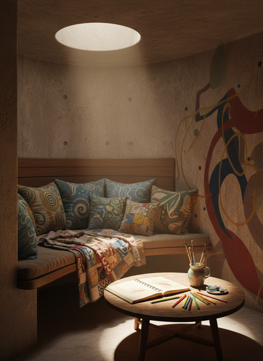 An intimate “reflection nook” carved into a bunker wall, featuring a curved built-in bench layered with hand-painted cushions and a patchwork quilt of fabric pieces printed with abstract art. In front of the bench, a small, low wooden table holds an open journal, a stack of colored pencils, and a ceramic cup of brushes resting in tinted water. A circular light well above casts soft, natural daylight that pools onto the table, creating delicate highlights on the journal pages and gentle shadows under the bench. The composition is framed asymmetrically, with the nook occupying one side and textured, mural-covered wall fading into soft focus on the other. The digital-art style is warm, slightly whimsical, and richly textured, evoking calm, safety, and contemplative creativity.